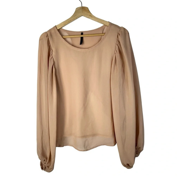 Mona B Light Brown Chiffon Open Ruffle Back Long Sleeve Blouse S - Picture 1 of 4